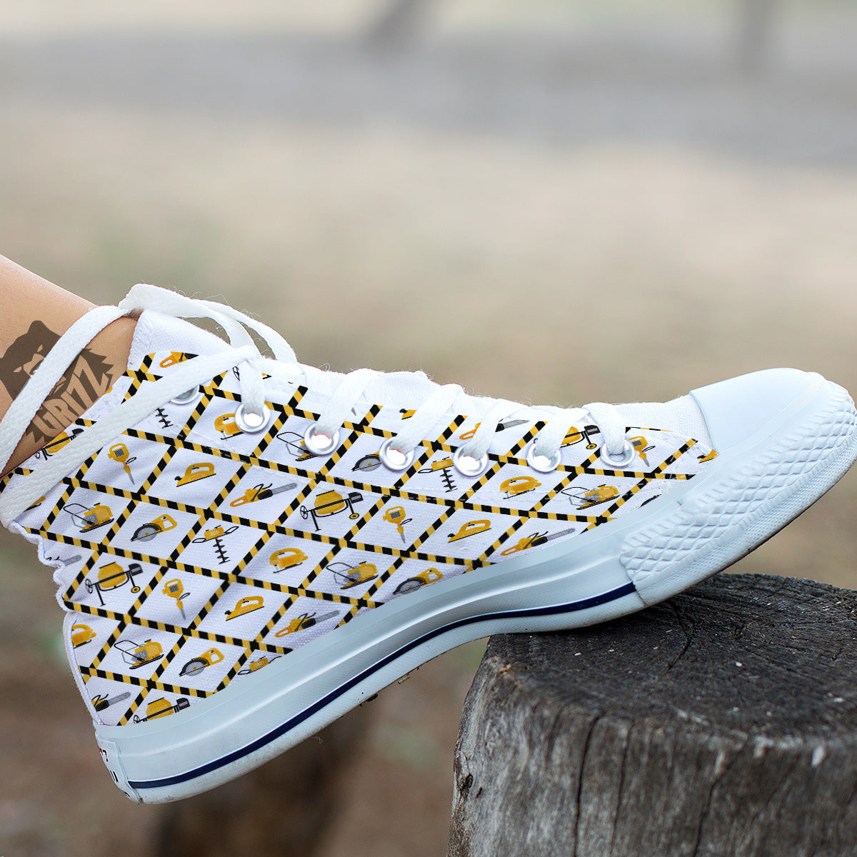 Construction Equipment Yellow Print Pattern White High Top Shoes-grizzshop