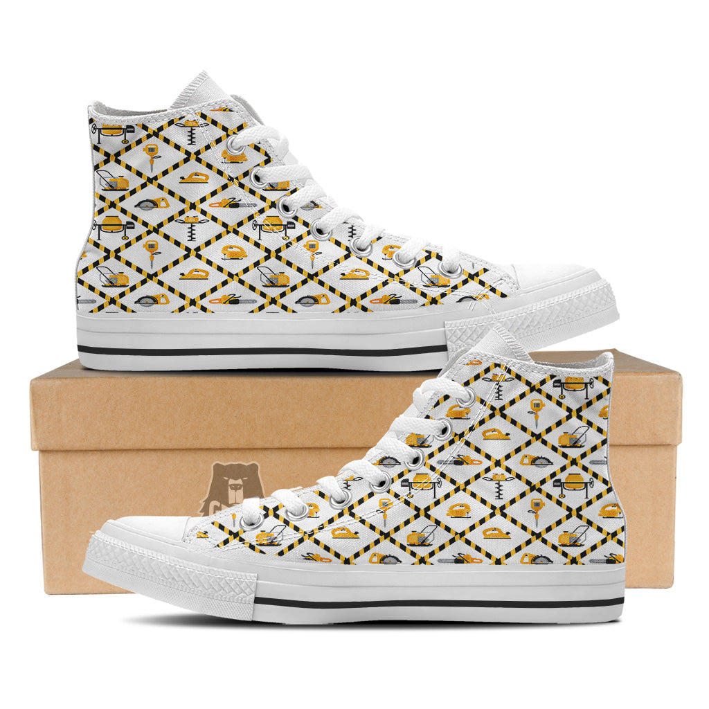 Construction Equipment Yellow Print Pattern White High Top Shoes-grizzshop