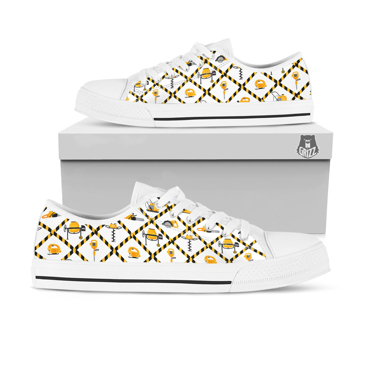 Construction Equipment Yellow Print Pattern White Low Top Shoes-grizzshop