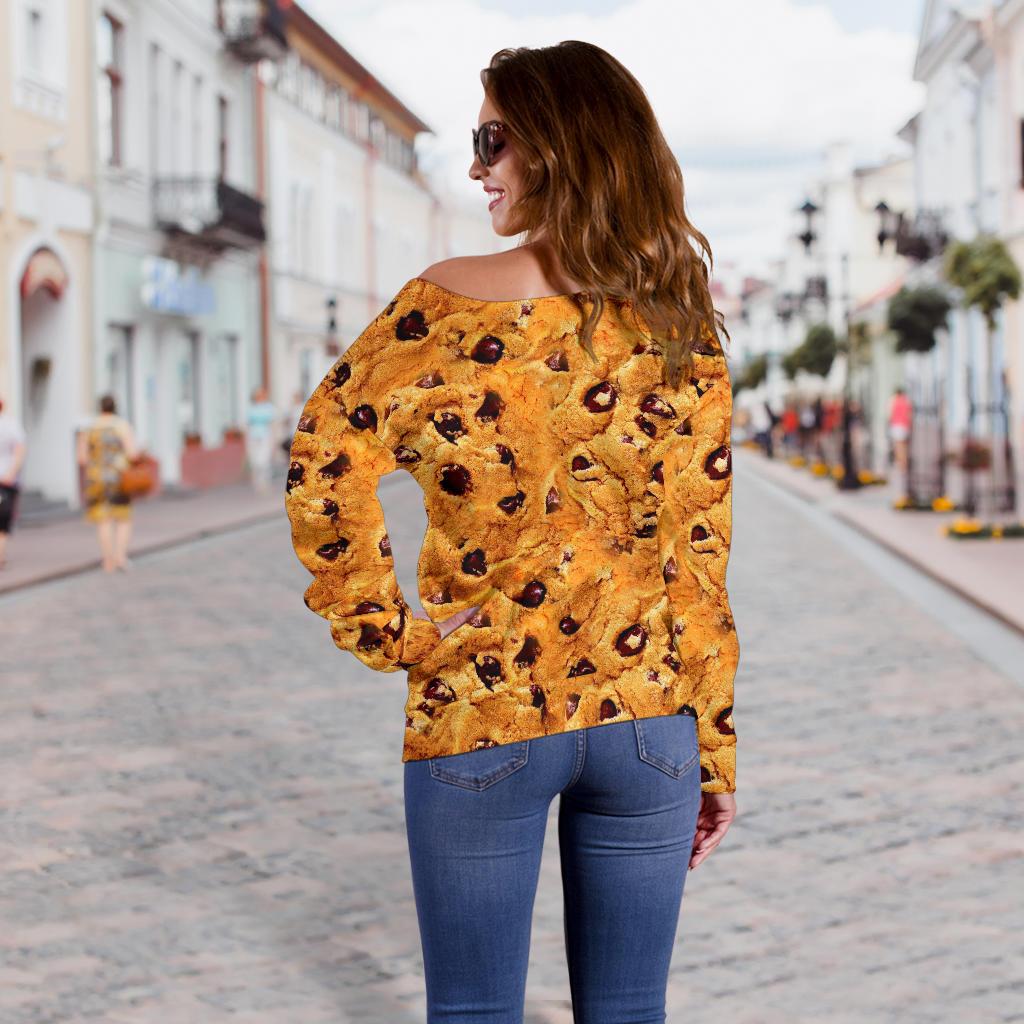 Cookie Biscuit Pattern Print Women Off Shoulder Sweatshirt-grizzshop