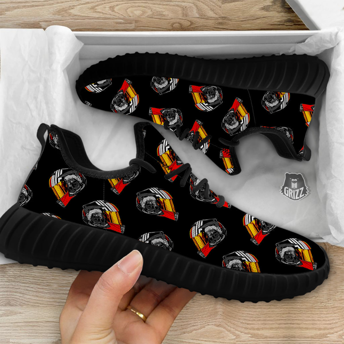 Cool Biker Helmet Print Pattern Black Walking Shoes-grizzshop