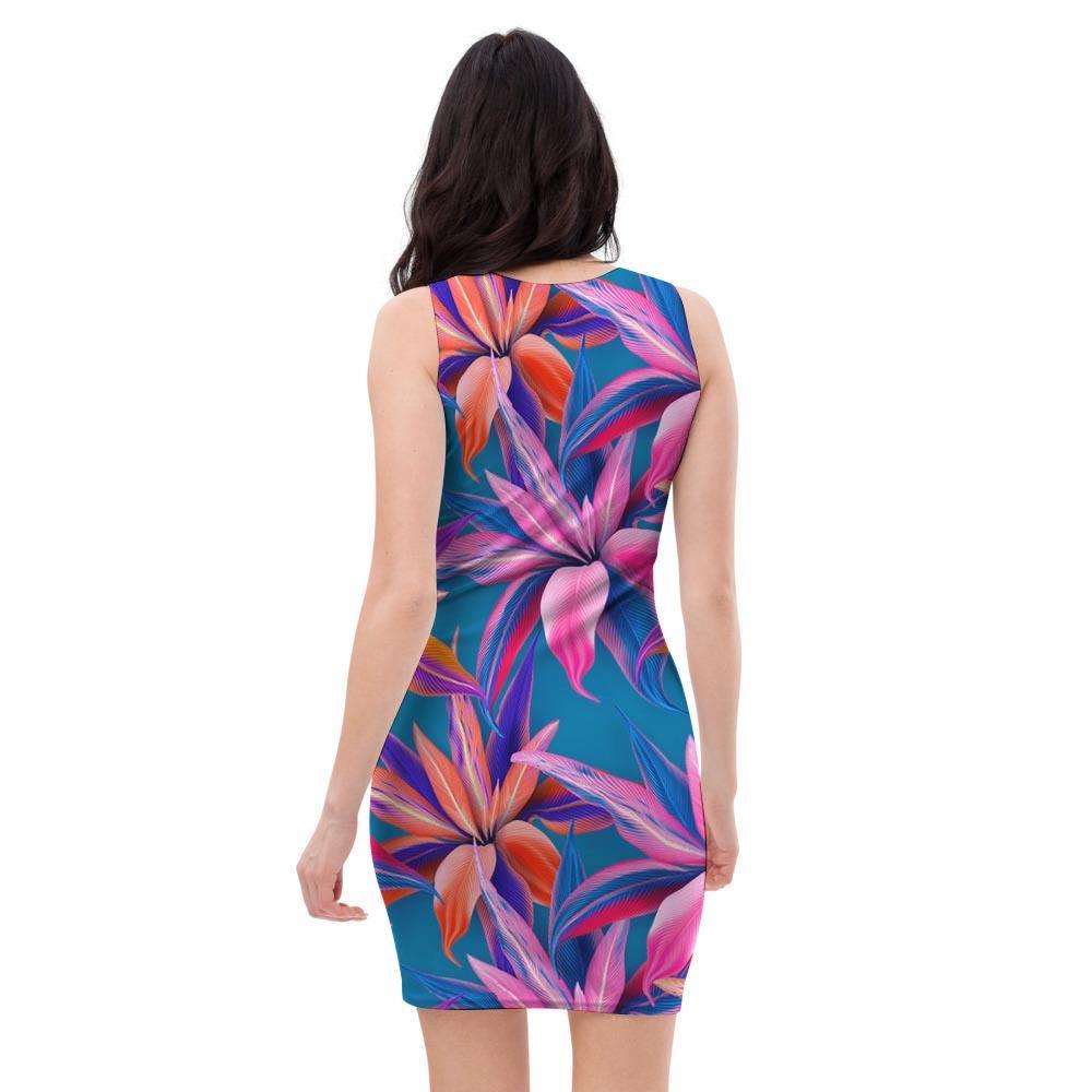 Cordyline Tropical Floral Print Bodycon Dress-grizzshop