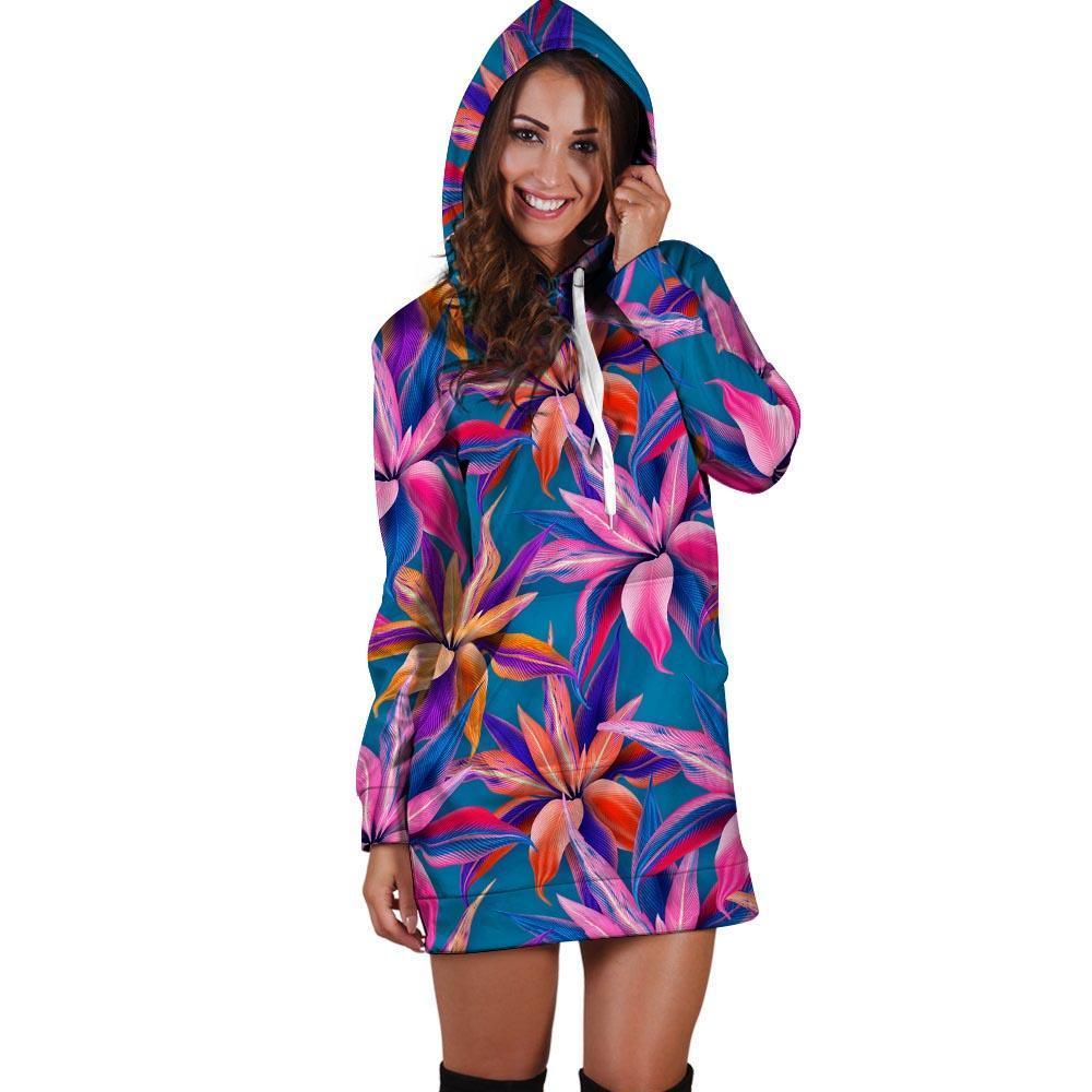Cordyline Tropical Floral Print Hoodie Dress-grizzshop