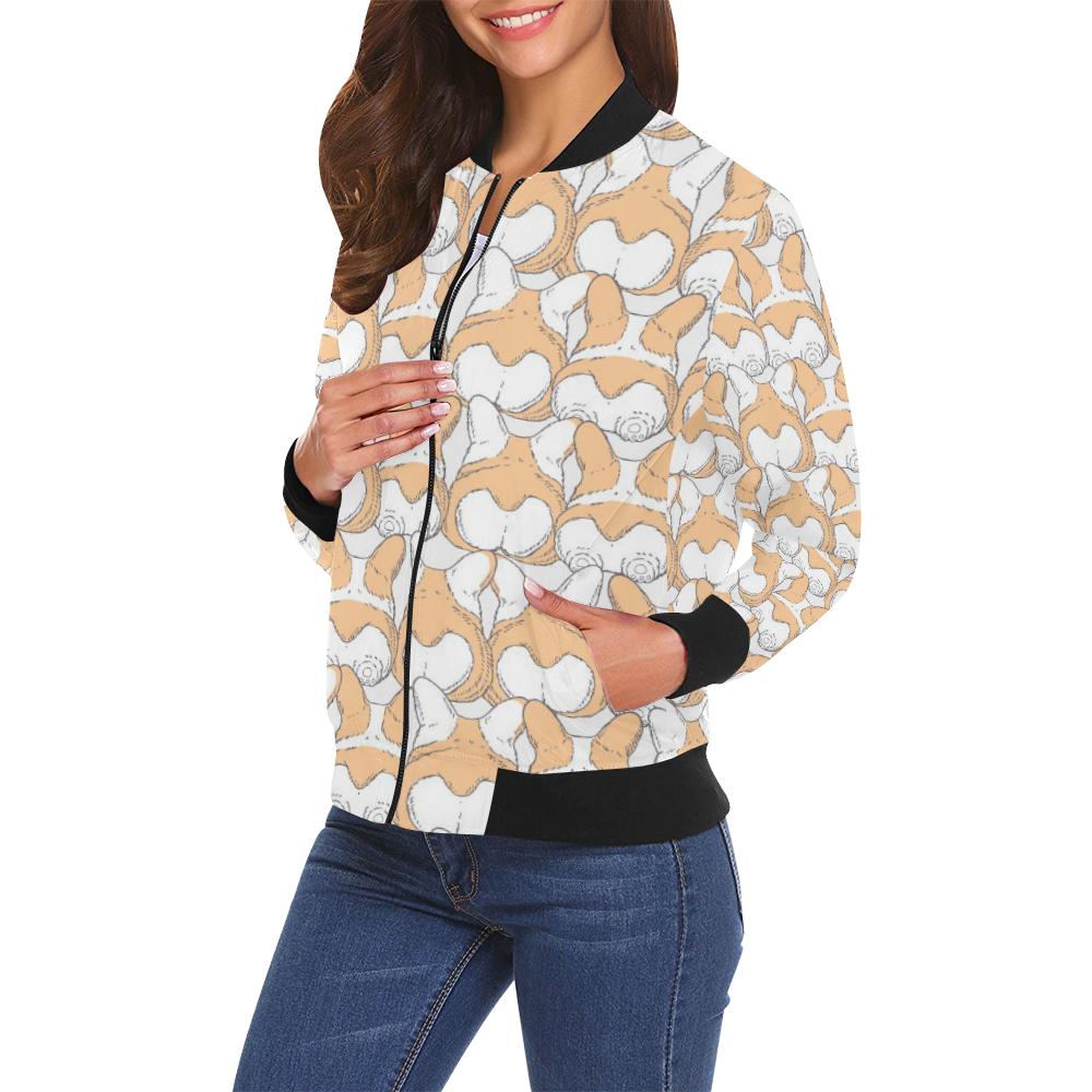 Corgi Butt Pattern Print Women Casual Bomber Jacket-grizzshop