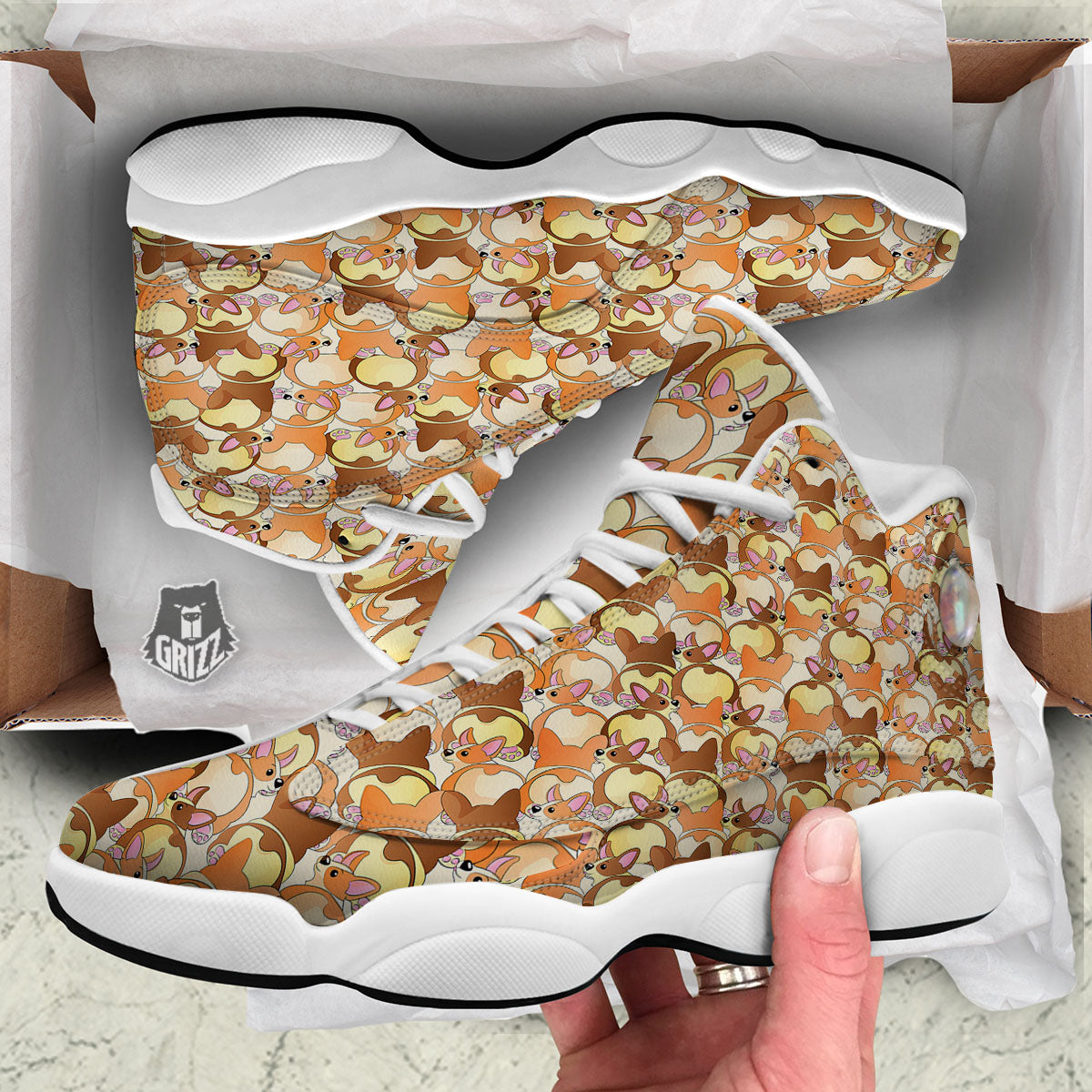 Corgi Butt Print Pattern White Basketball Shoes-grizzshop