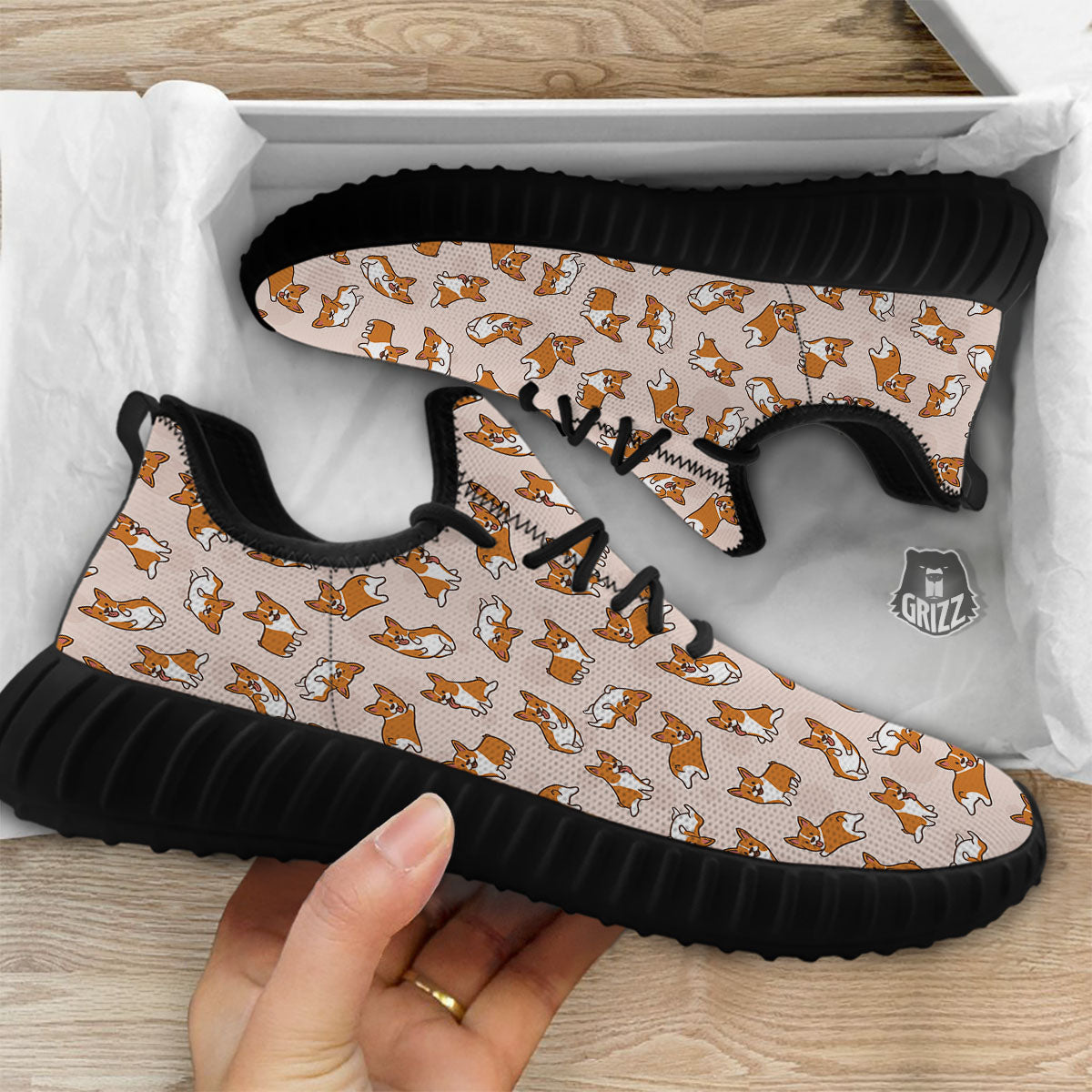 Corgi Cartoon Print Pattern Black Walking Shoes-grizzshop