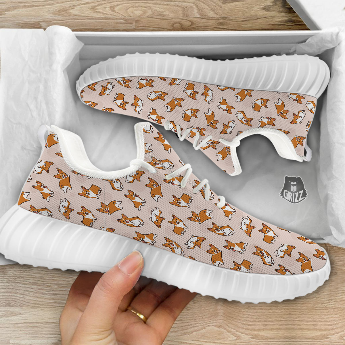 Corgi Cartoon Print Pattern White Walking Shoes-grizzshop