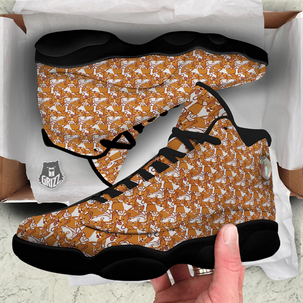 Corgi Cute Print Pattern Black Basketball Shoes-grizzshop
