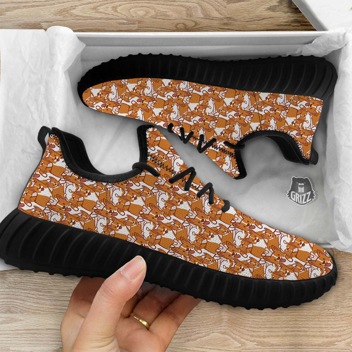 Corgi Cute Print Pattern Black Walking Shoes-grizzshop