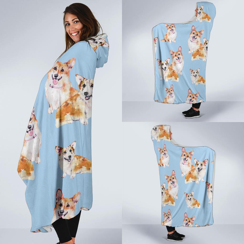 Corgi Portrait Pastel Pattern Print Hooded Blanket-grizzshop
