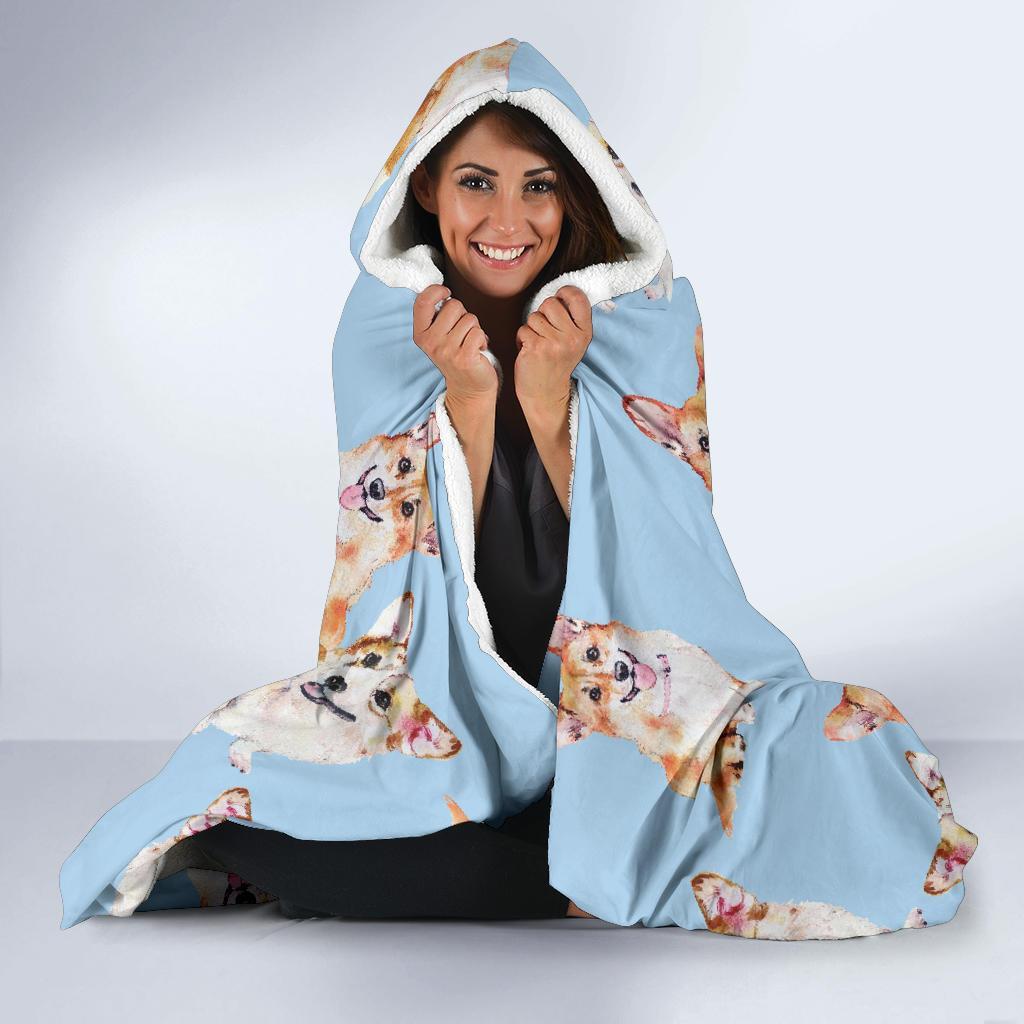 Corgi Portrait Pastel Pattern Print Hooded Blanket-grizzshop