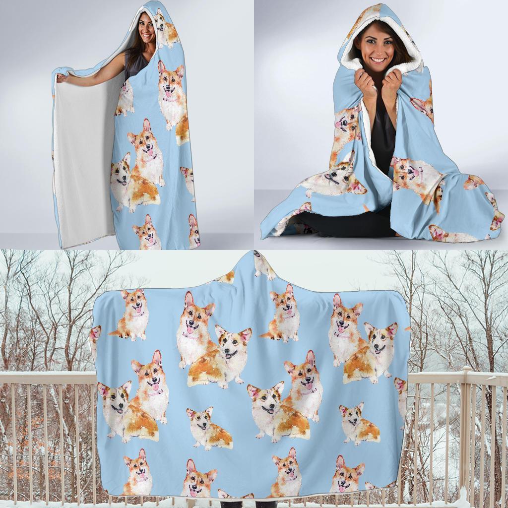 Corgi Portrait Pastel Pattern Print Hooded Blanket-grizzshop