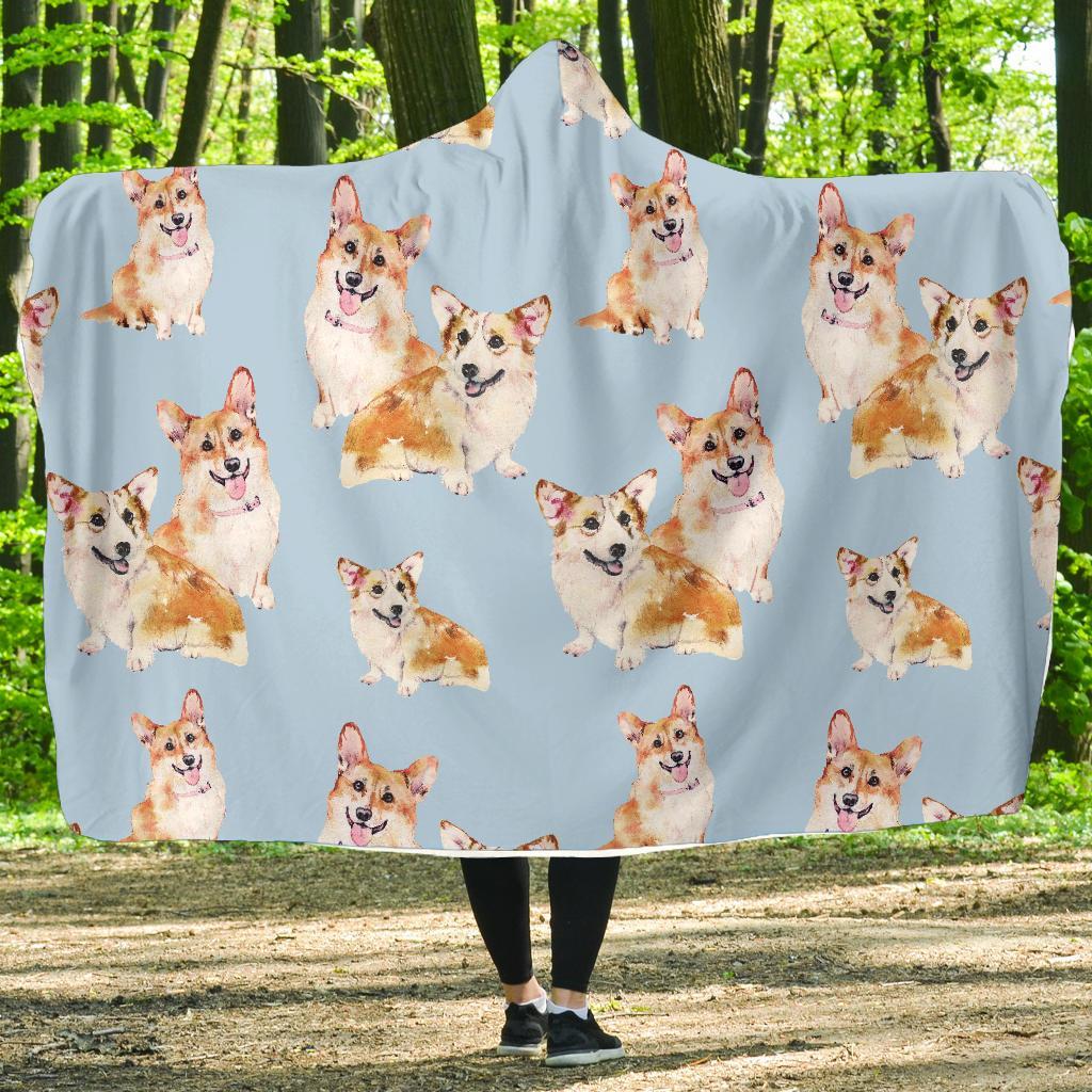 Corgi Portrait Pastel Pattern Print Hooded Blanket-grizzshop