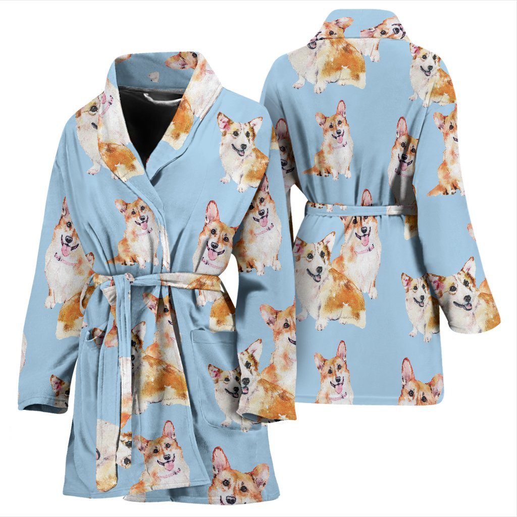 Corgi Portrait Pastel Pattern Print Women Long Robe-grizzshop