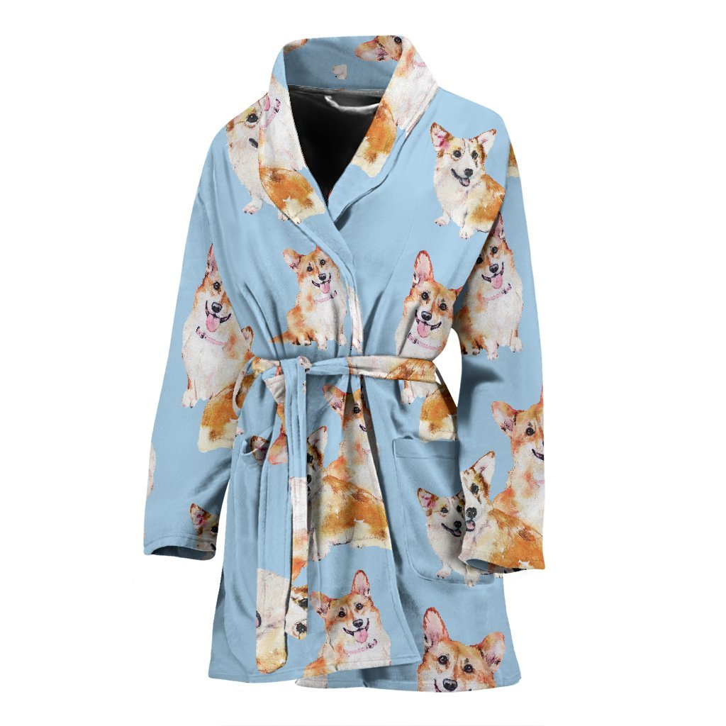 Corgi Portrait Pastel Pattern Print Women Long Robe-grizzshop