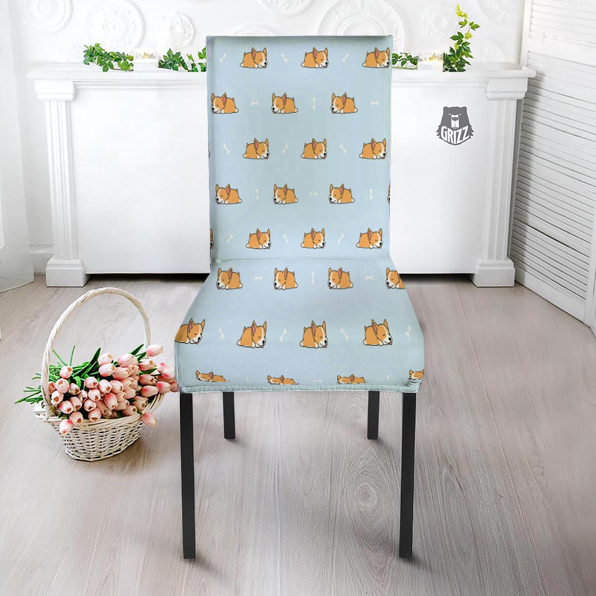 Corgi Sleeping Print Pattern Dining Chair Slipcover-grizzshop