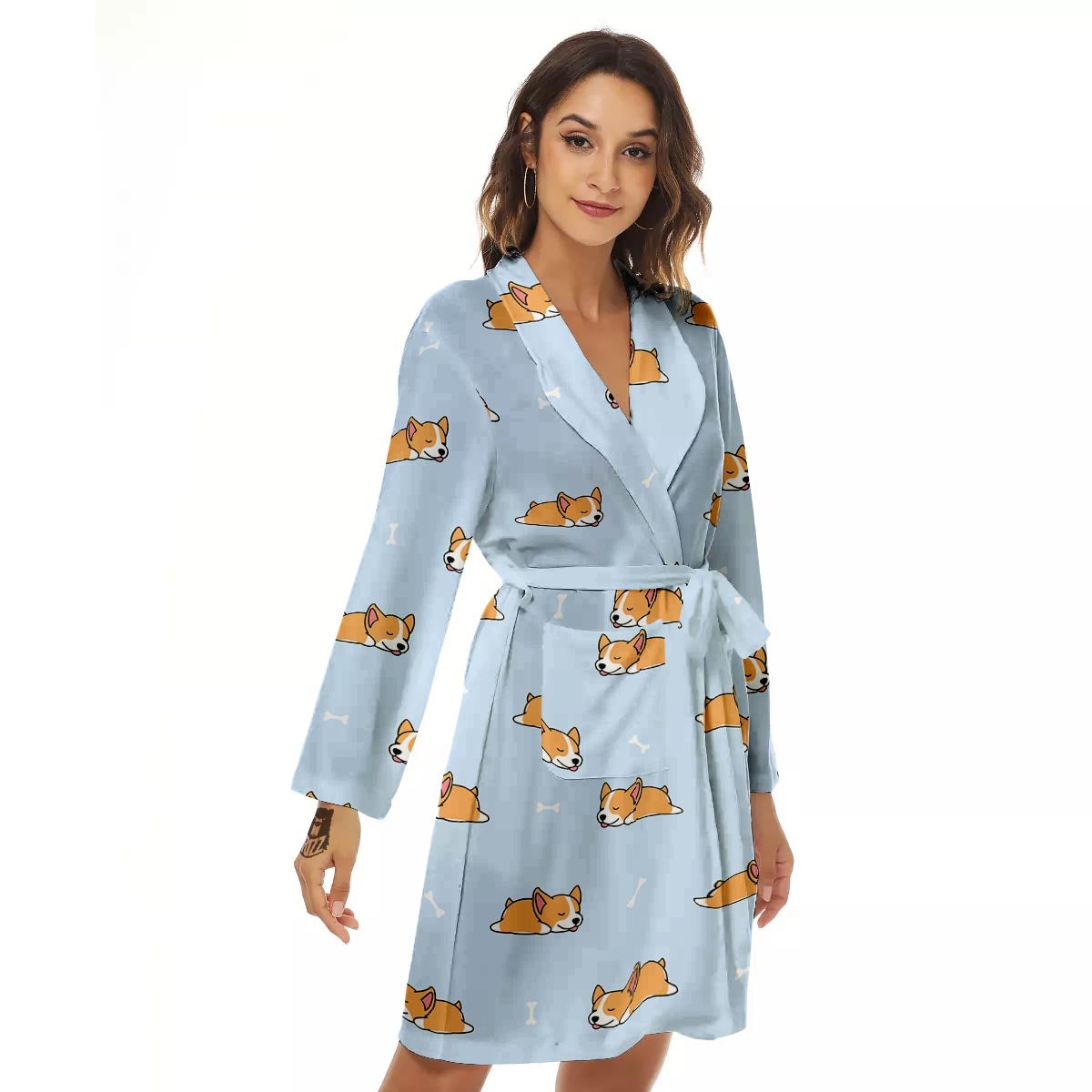 Corgi Sleeping Print Pattern Women's Robe-grizzshop