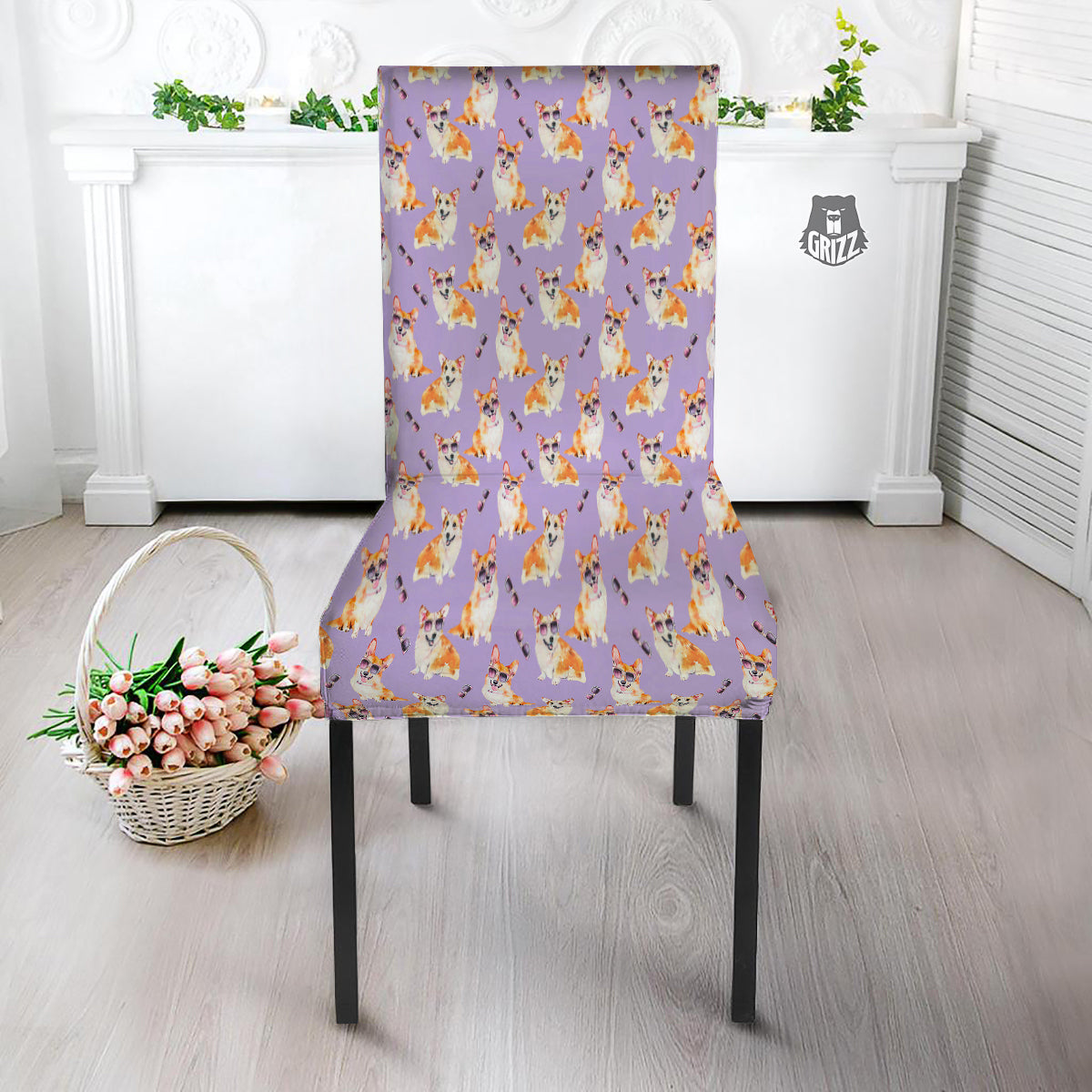 Corgi Watercolor Print Pattern Dining Chair Slipcover-grizzshop