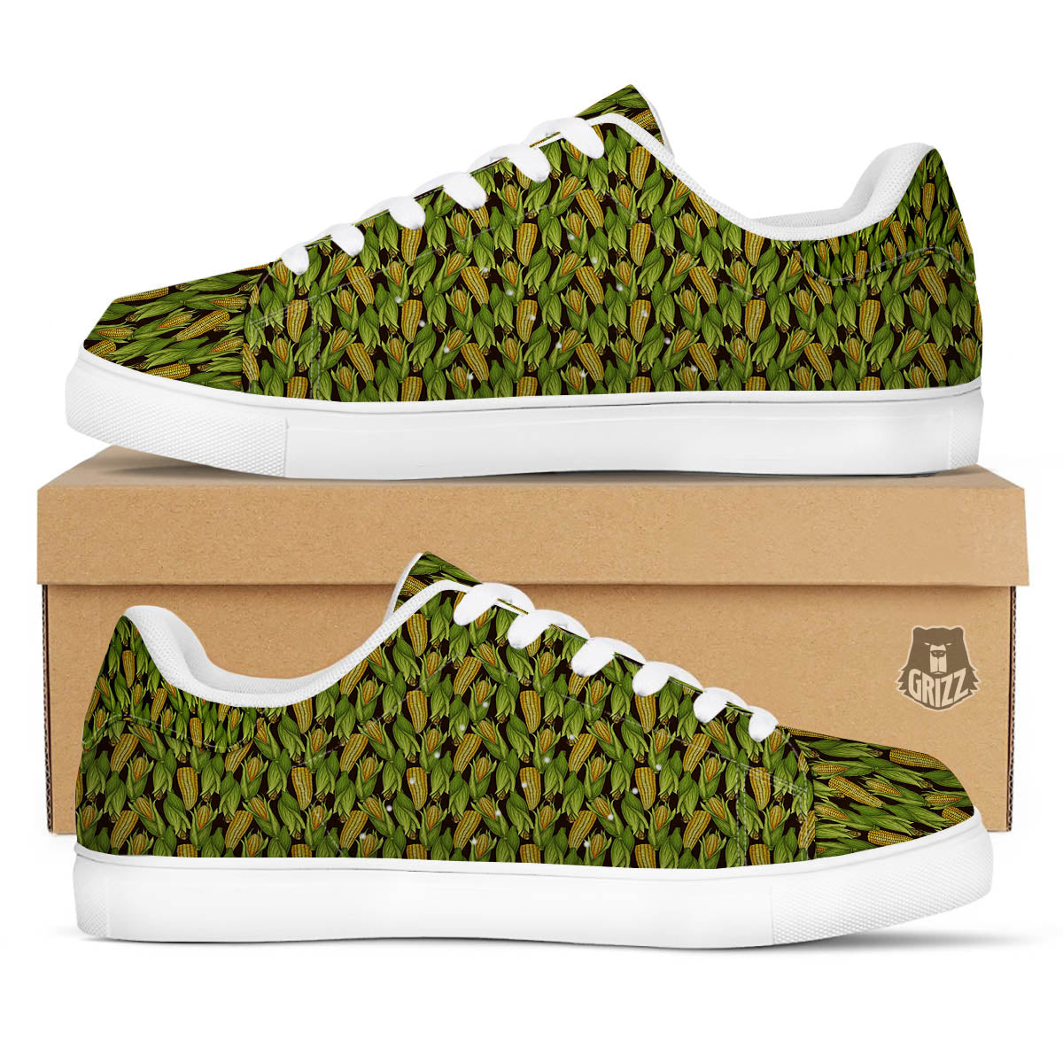 Corn Pattern Print White Low Top Sneakers-grizzshop