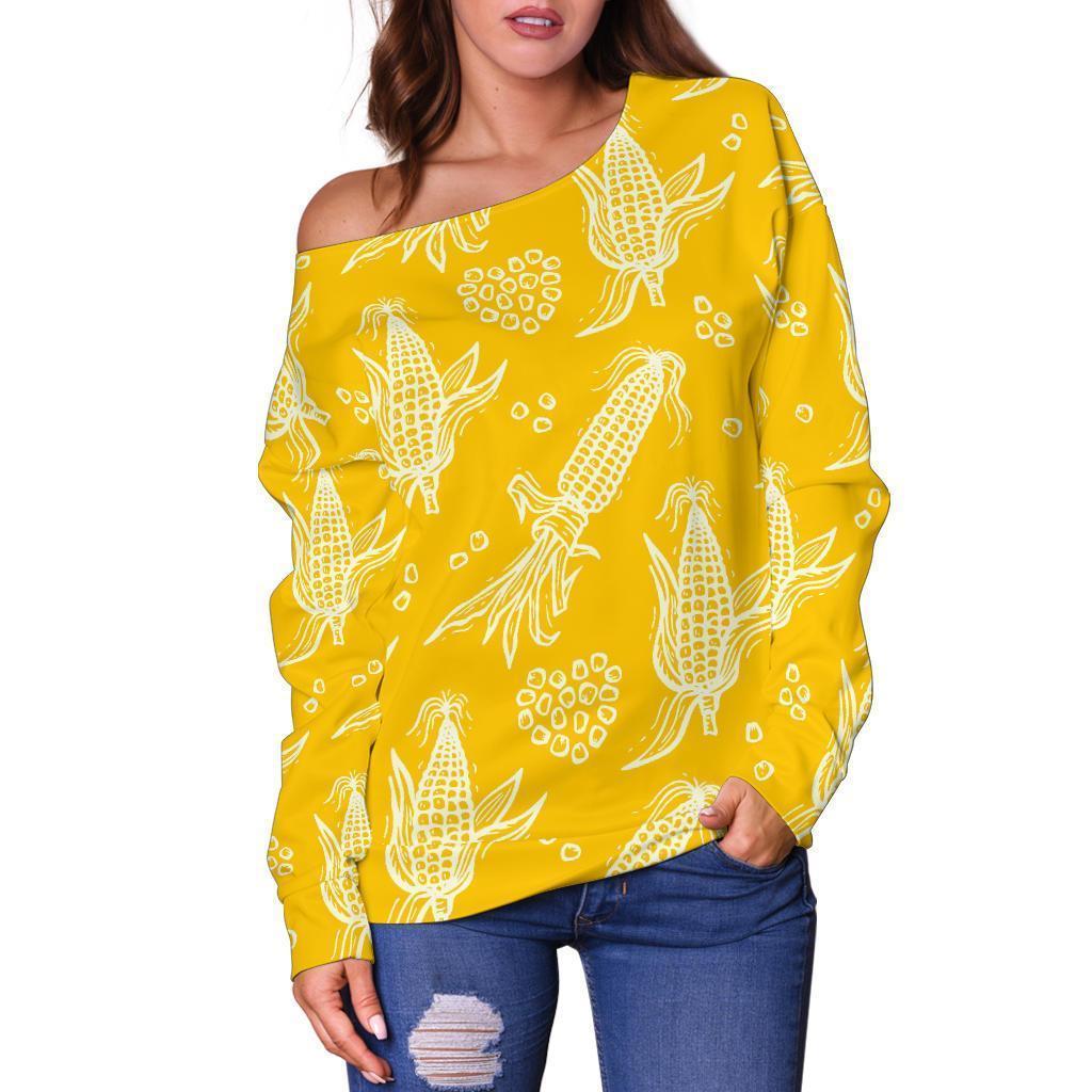 Corn Yellow Pattern Print Women Off Shoulder Sweatshirt-grizzshop