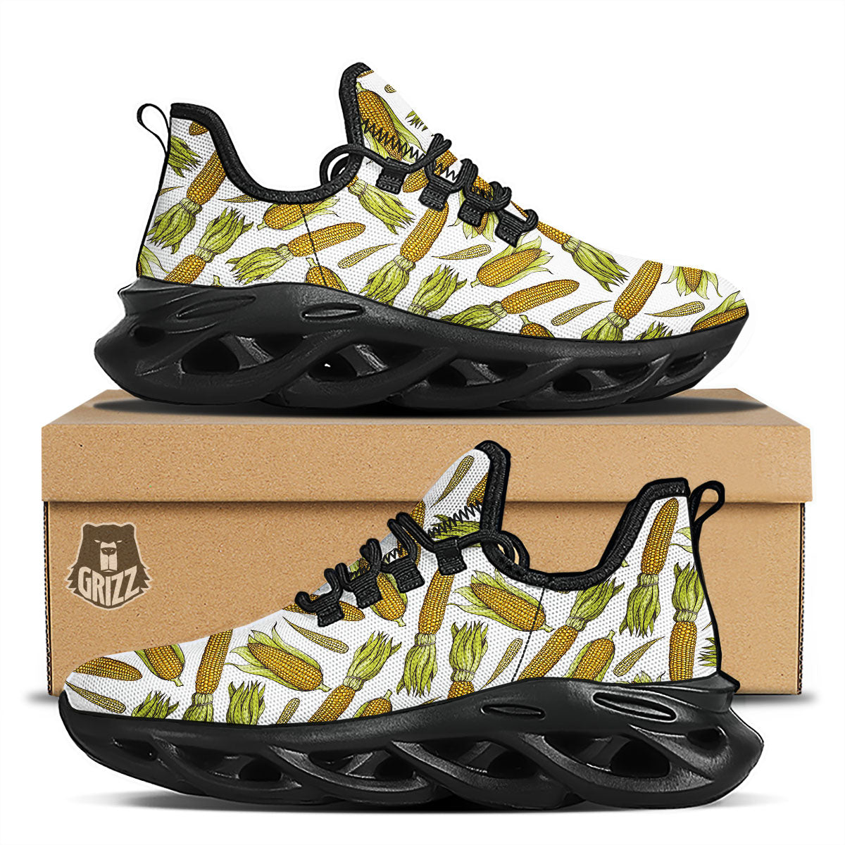 Corncob Hand-Drawn Print Pattern Black Running Shoes-grizzshop