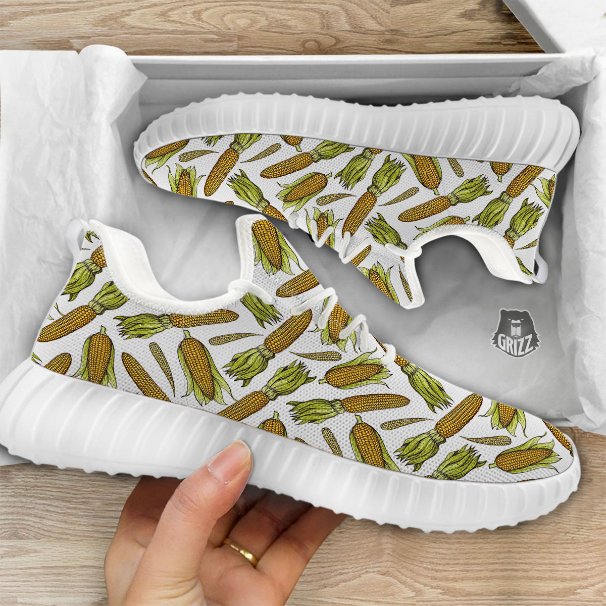 Corncob Hand-Drawn Print Pattern White Walking Shoes-grizzshop