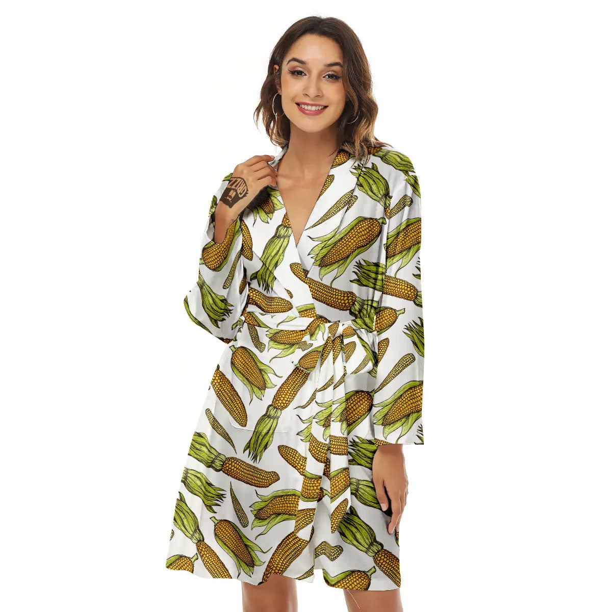 Corncob Hand-Drawn Print Pattern Women's Robe-grizzshop
