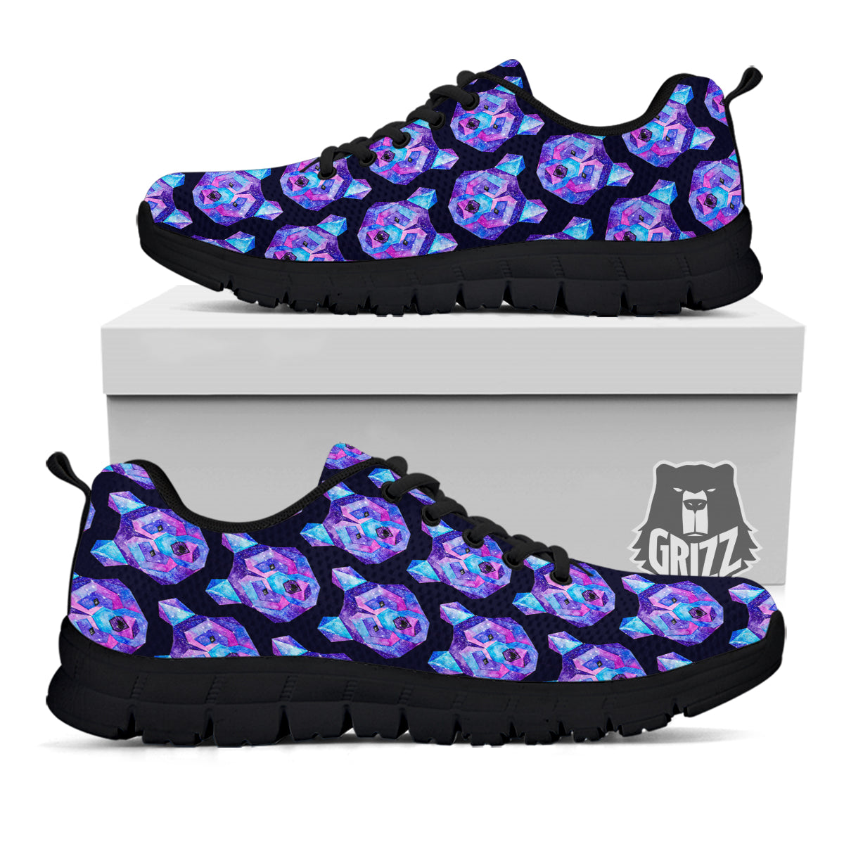 Cosmic Polygonal Bear Print Pattern Black Sneaker-grizzshop