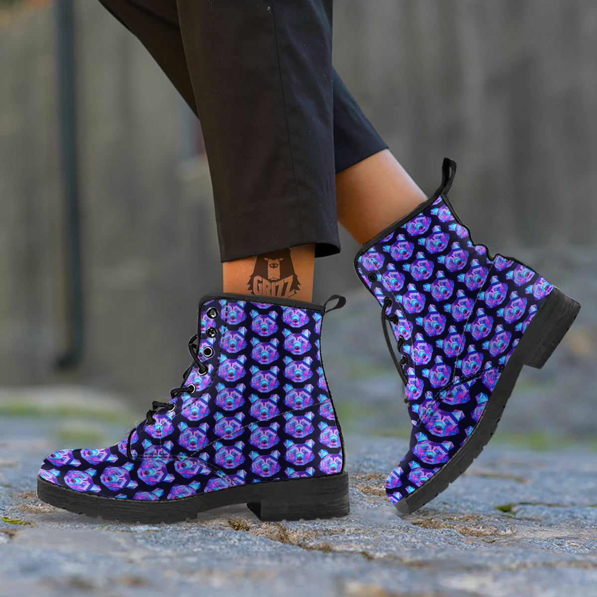 Cosmic Polygonal Bear Print Pattern Leather Boots-grizzshop