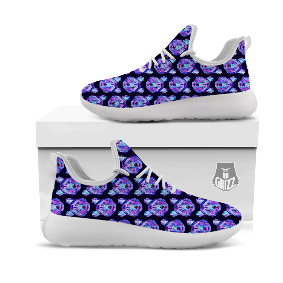 Cosmic Polygonal Bear Print Pattern White Athletic Shoes-grizzshop