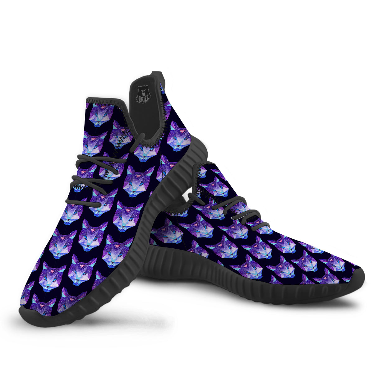 Cosmic Polygonal Cat Print Pattern Black Walking Shoes-grizzshop