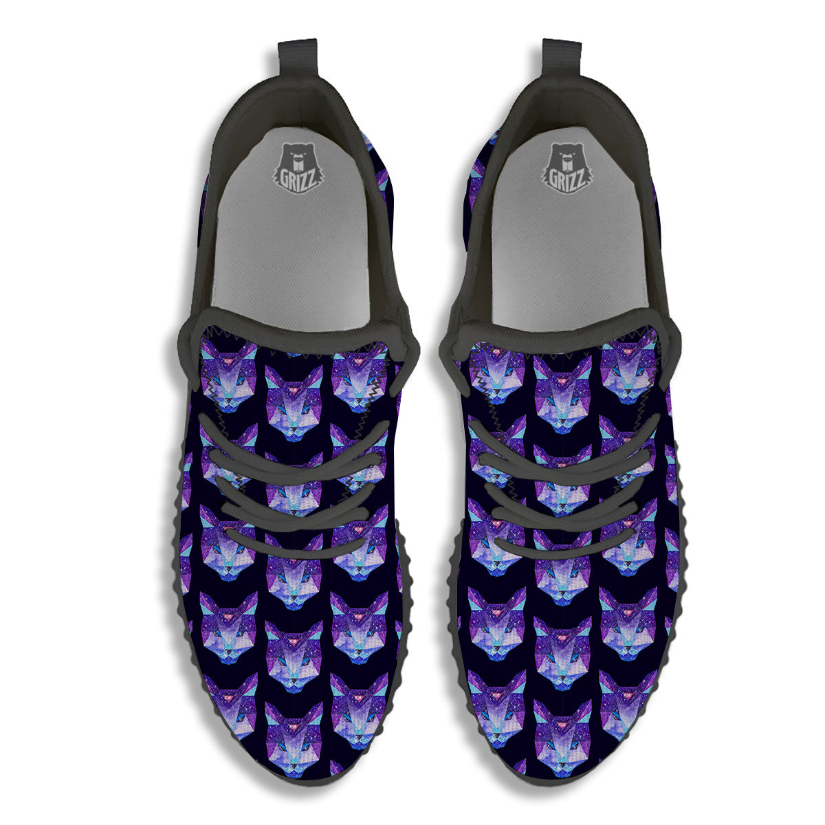 Cosmic Polygonal Cat Print Pattern Black Walking Shoes-grizzshop