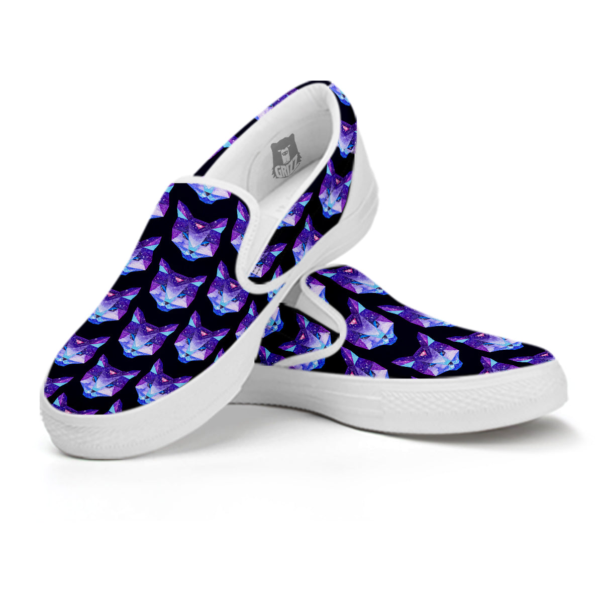 Cosmic Polygonal Cat Print Pattern White Slip On Shoes-grizzshop