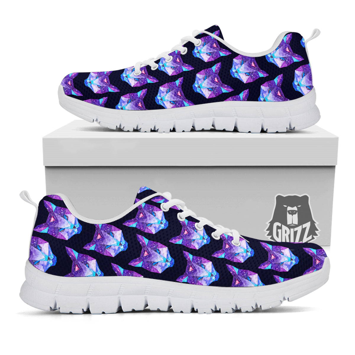 Cosmic Polygonal Cat Print Pattern White Sneaker-grizzshop
