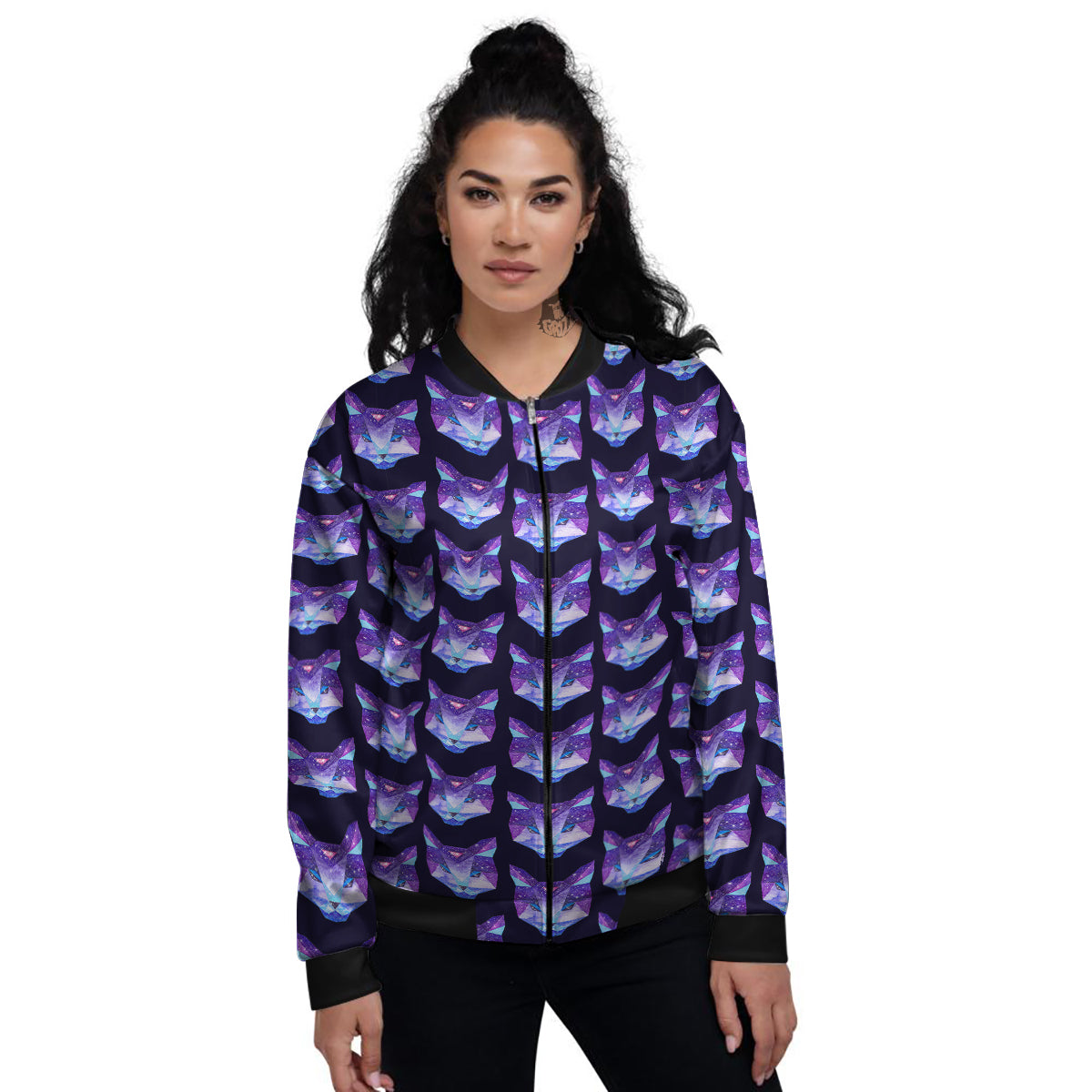 Cosmic Polygonal Cat Print Pattern Women's Bomber Jacket-grizzshop
