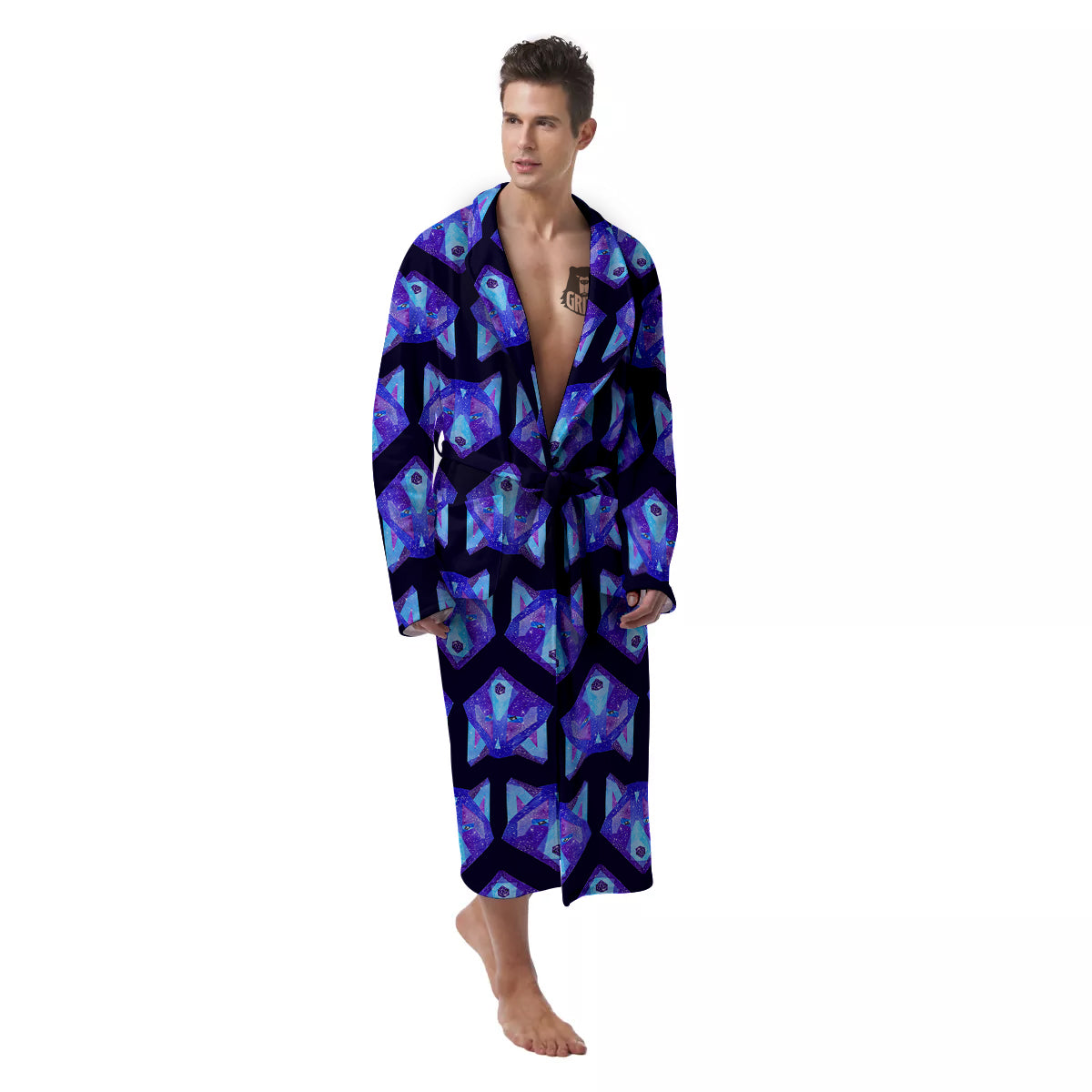 Cosmic Polygonal Wolf Print Pattern Men's Robe-grizzshop