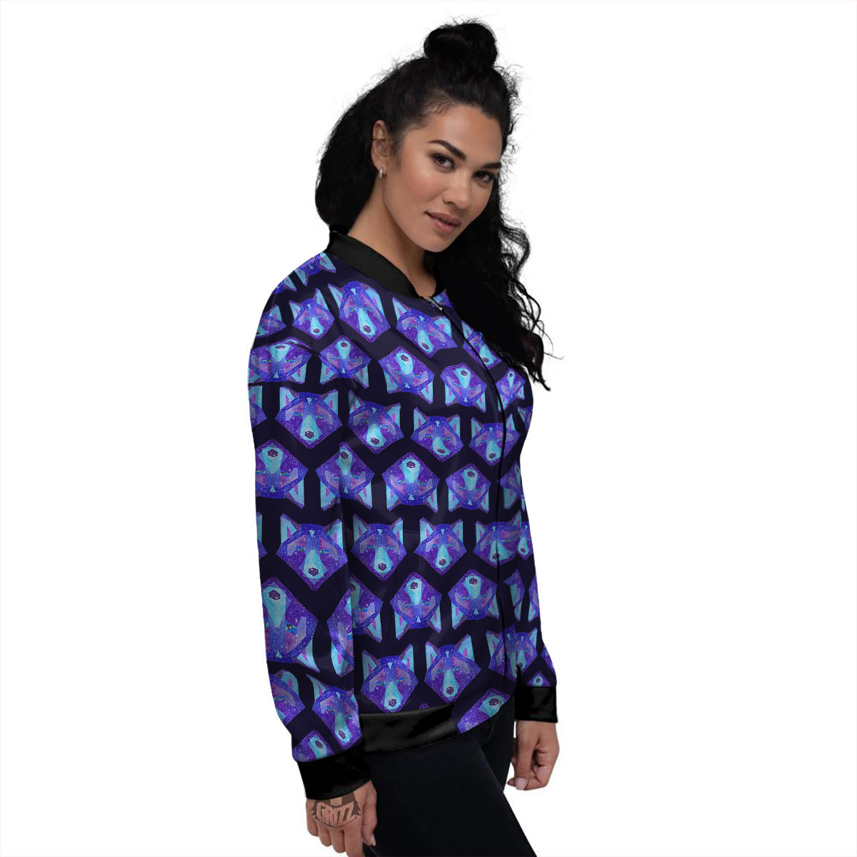 Cosmic Polygonal Wolf Print Pattern Women's Bomber Jacket-grizzshop