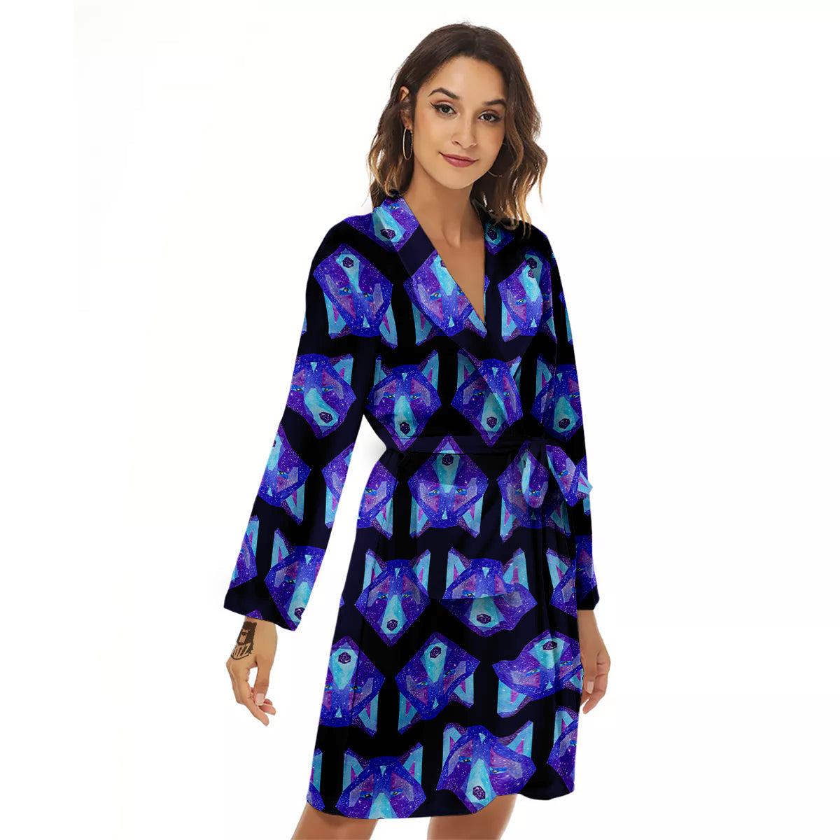 Cosmic Polygonal Wolf Print Pattern Women's Robe-grizzshop