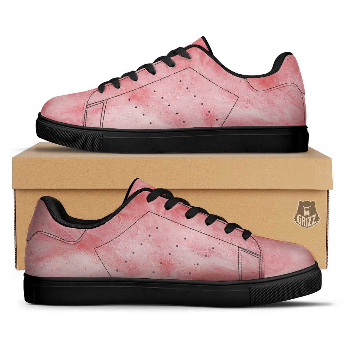 Cotton Candy Pink Print Black Low Top Sneakers-grizzshop