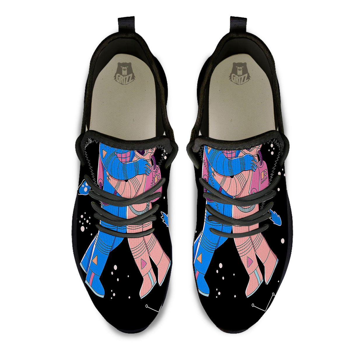 Couple Astronaut Travel In Space Print Black Athletic Shoes-grizzshop