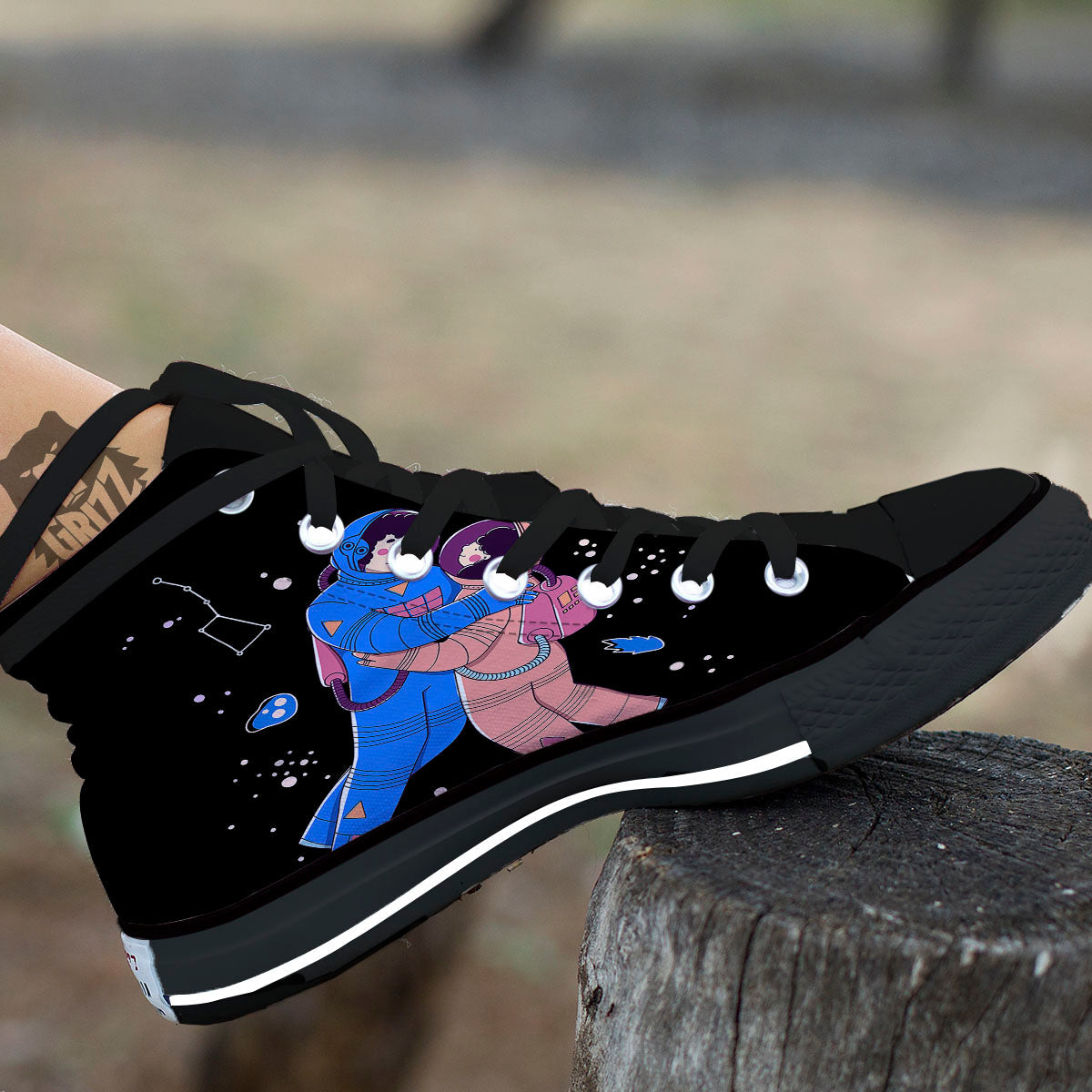 Couple Astronaut Travel In Space Print Black High Top Shoes-grizzshop