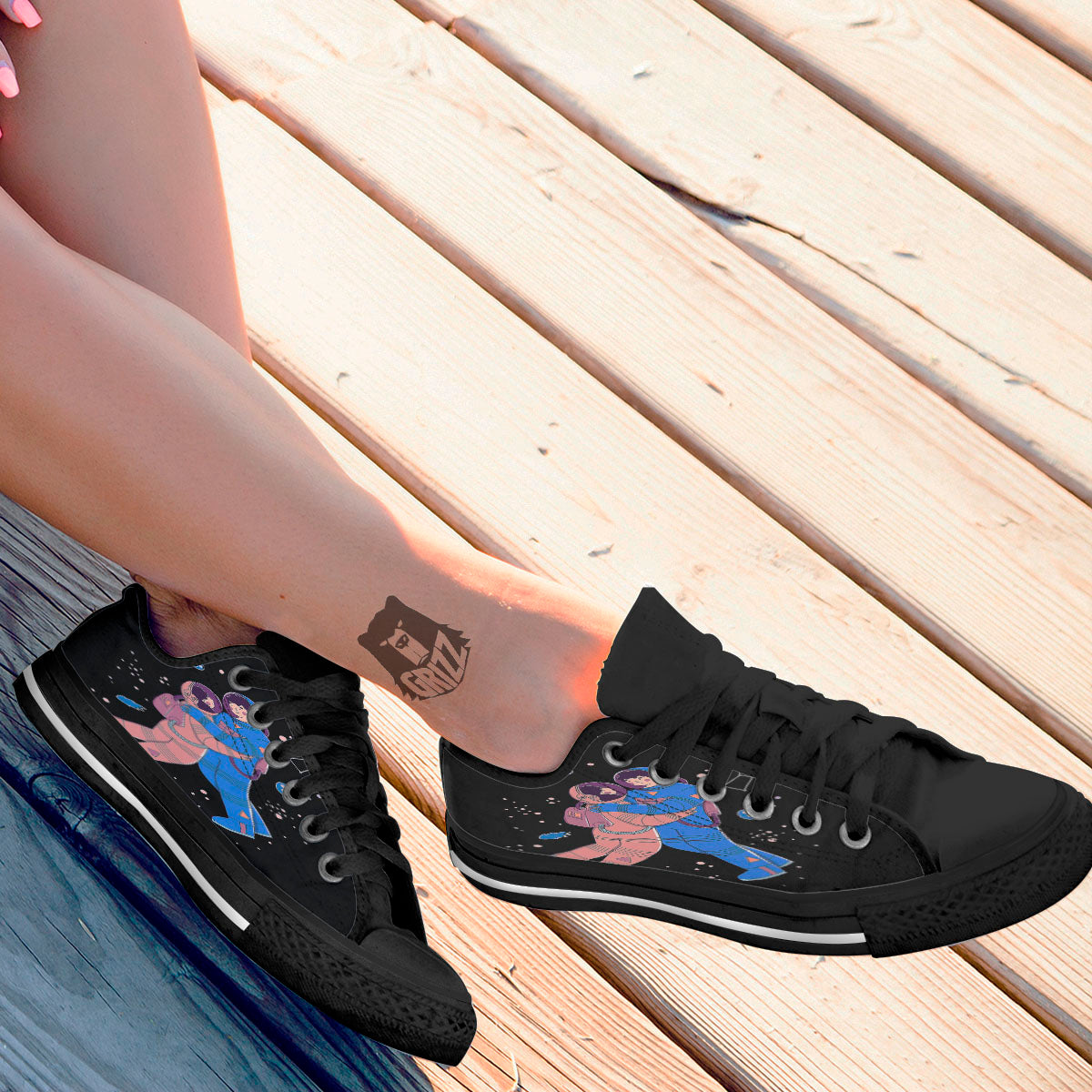 Couple Astronaut Travel In Space Print Black Low Top Shoes-grizzshop