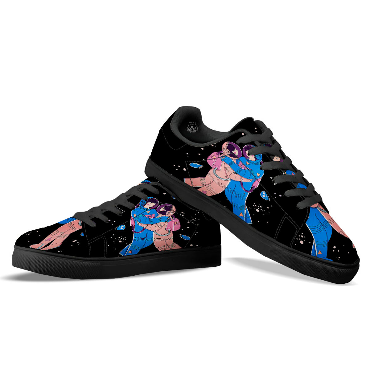 Couple Astronaut Travel In Space Print Black Low Top Sneakers-grizzshop