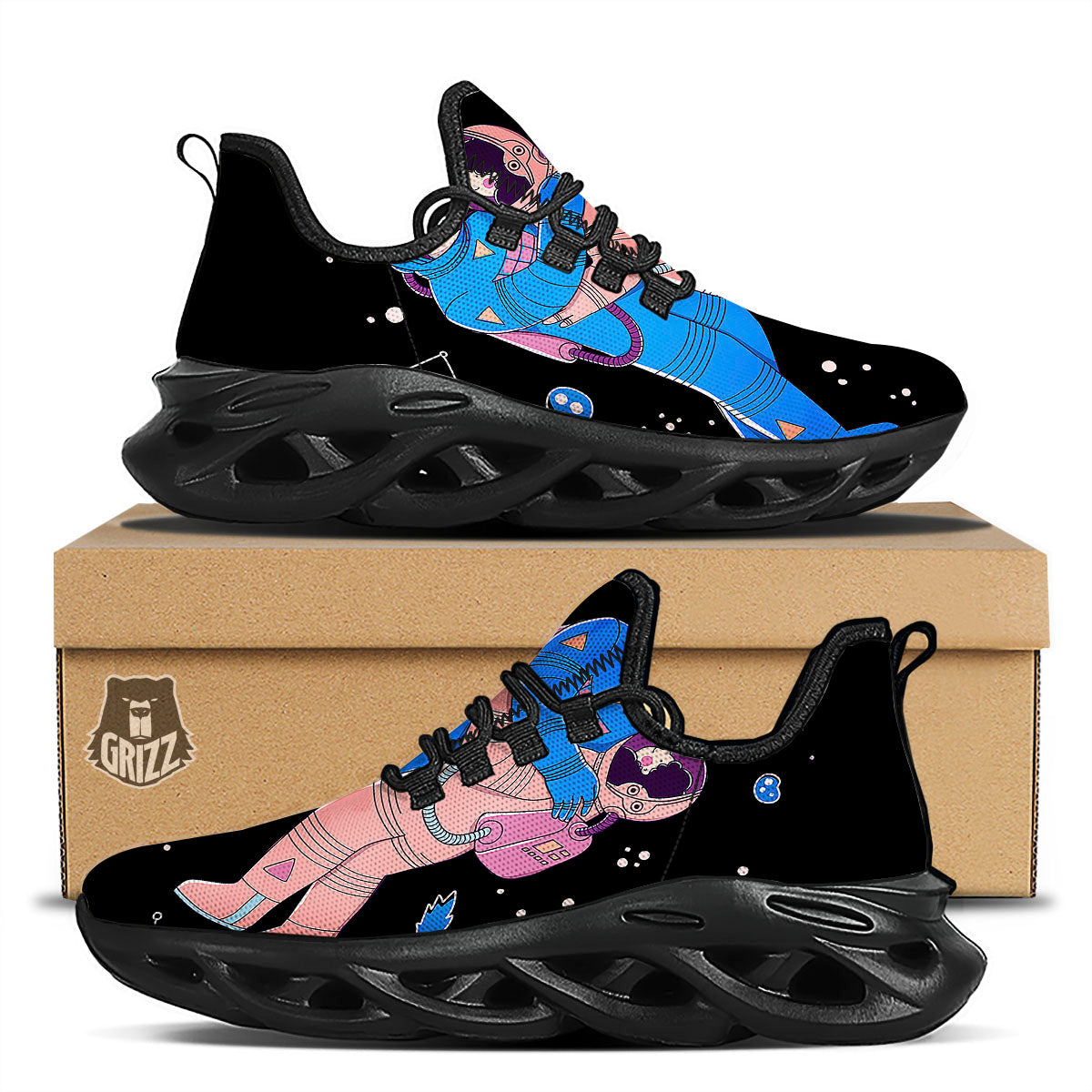 Couple Astronaut Travel In Space Print Black Running Shoes-grizzshop