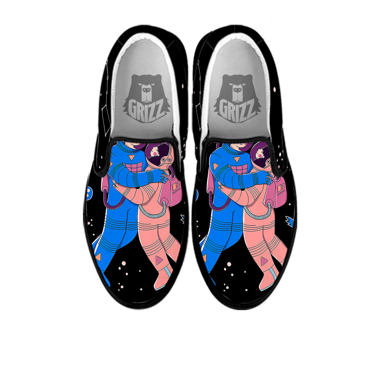 Couple Astronaut Travel In Space Print Black Slip On Shoes-grizzshop