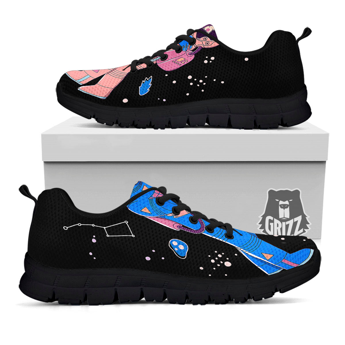 Couple Astronaut Travel In Space Print Black Sneaker-grizzshop