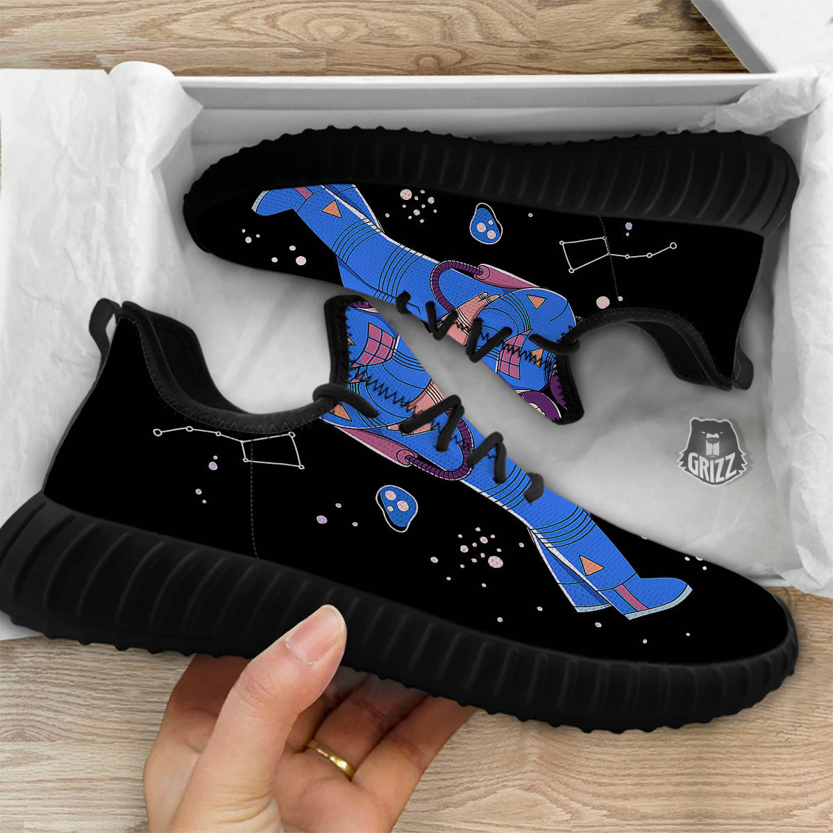 Couple Astronaut Travel In Space Print Black Walking Shoes-grizzshop