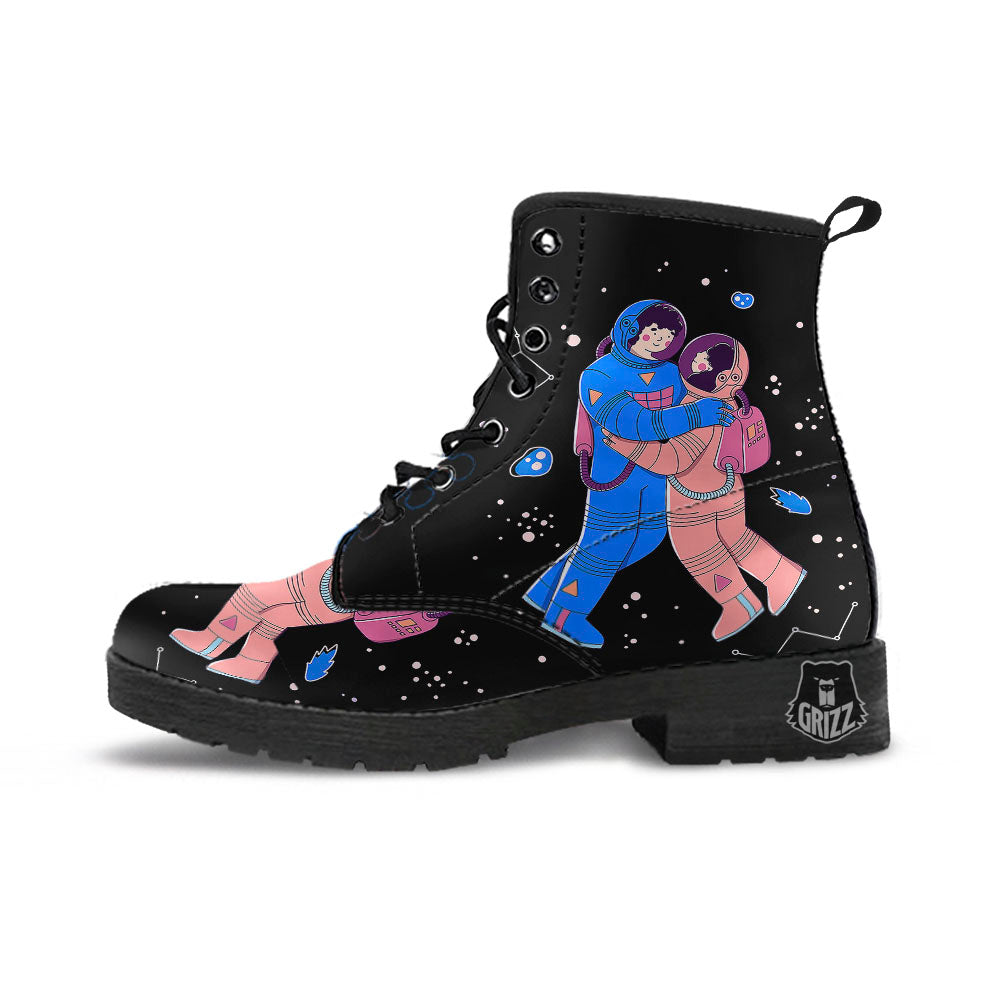 Couple Astronaut Travel In Space Print Leather Boots-grizzshop