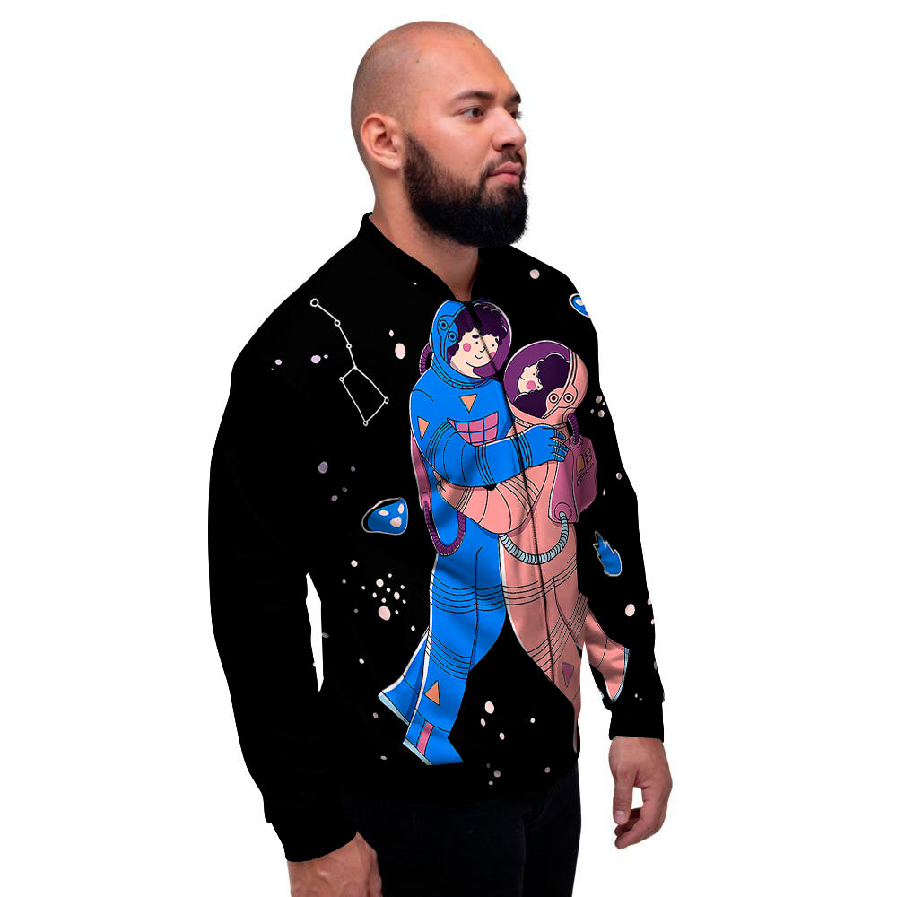 Couple Astronaut Travel In Space Print Men's Bomber Jacket-grizzshop