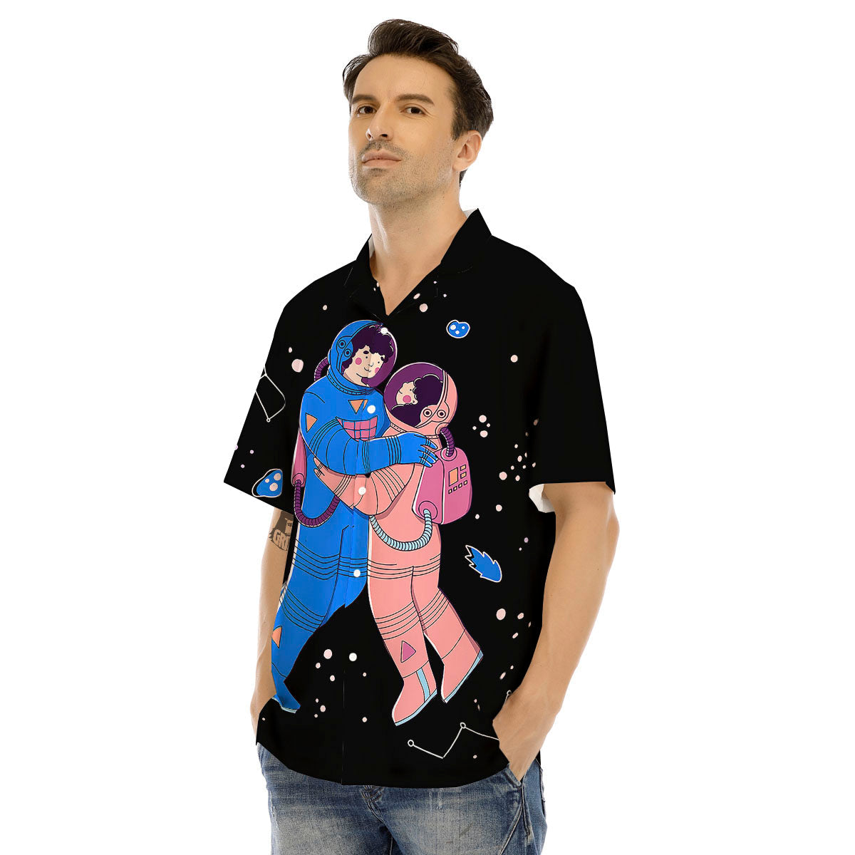 Couple Astronaut Travel In Space Print Men's Hawaiian Shirt-grizzshop